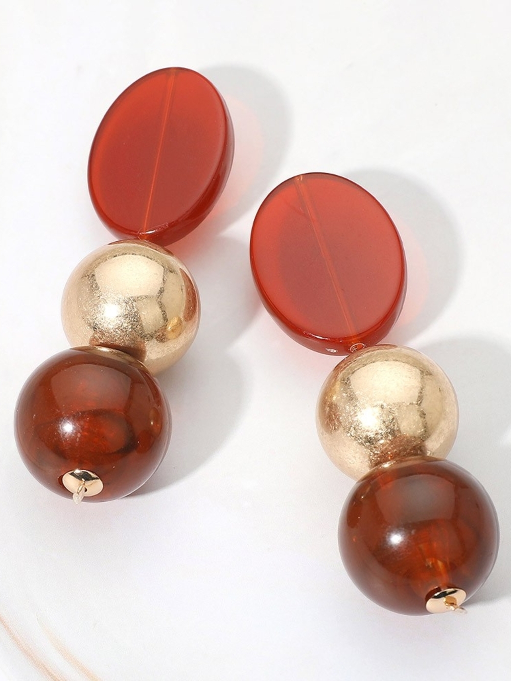 Brown Gold Triple Boho Round Resin Beaded Bold Dangle Drop Statement Earrings